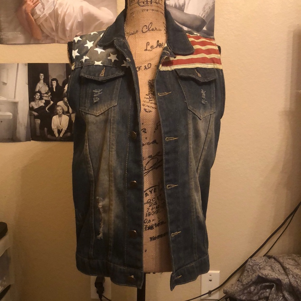 American flag Denim Jean sleeveless  jacket vest